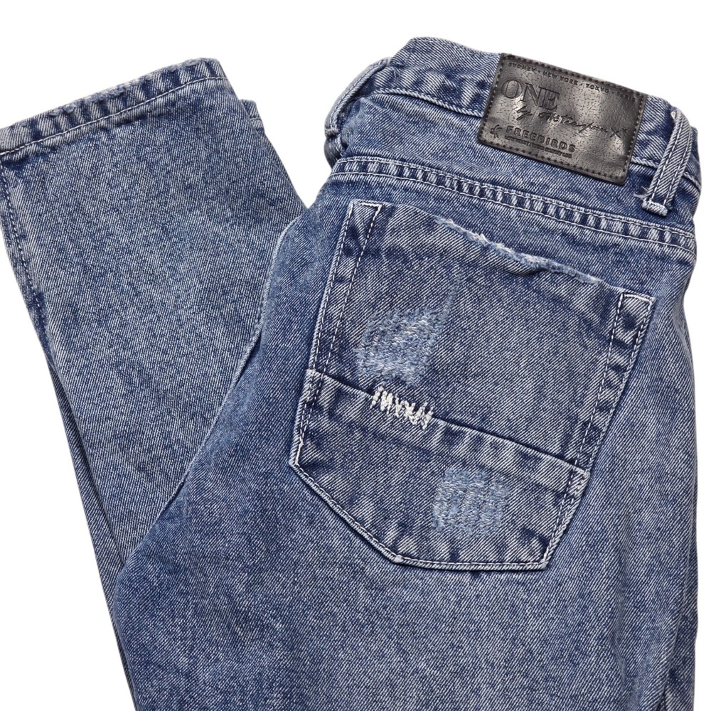 One x One Teaspoon Jeans 27 Blue Distressed Ankle Zip Denim Slim Straight Leg